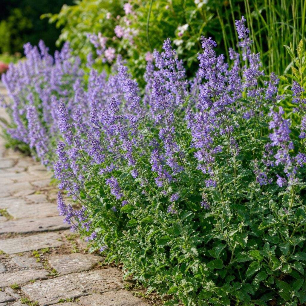 A dense border of catmint with tall purple-blue flower spikes and green foliage lines a stone garden path in bright sunlight.