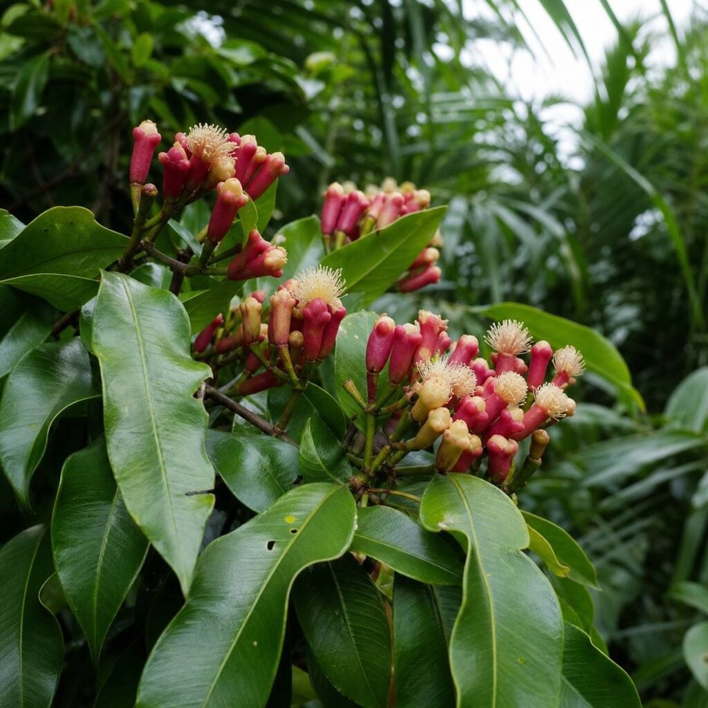 A clove tree branch displays glossy dark green leaves and clusters of reddish-pink buds with feathery cream flowers, set against dense tropical foliage.