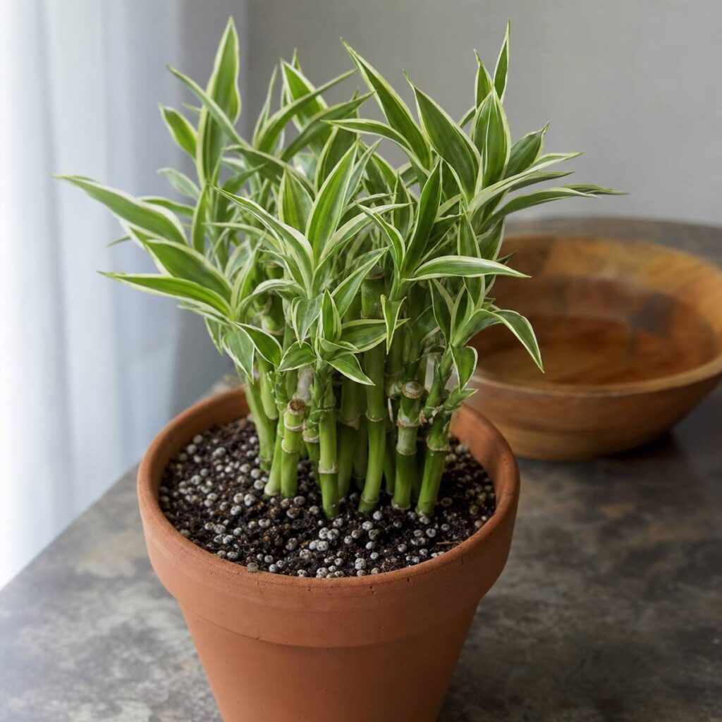 Clustered lucky bamboo stems with cream-edged leaves grow in a terracotta pot of dark soil and perlite, beside a wooden bowl on a tabletop.