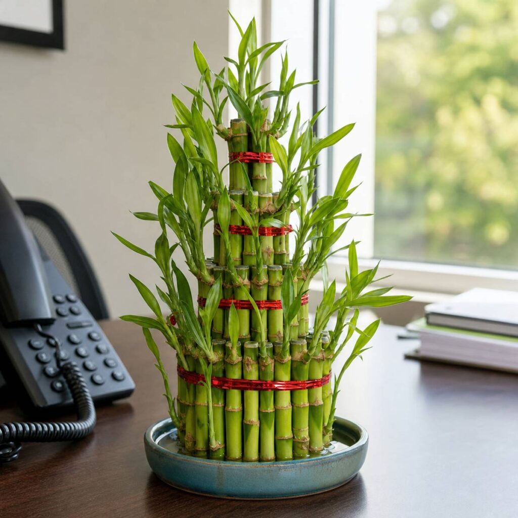 A tiered lucky bamboo arrangement bound with red bands sits in a shallow dish on a desk beside a phone near a bright window.