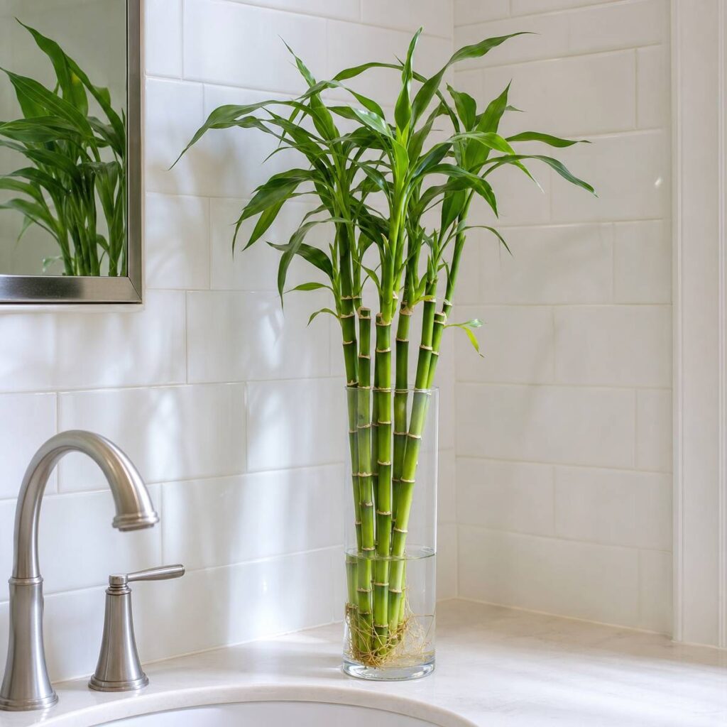 Tall ringed lucky bamboo stalks with arching leaves grow in clear water inside a cylindrical glass vase beside a bathroom sink faucet.