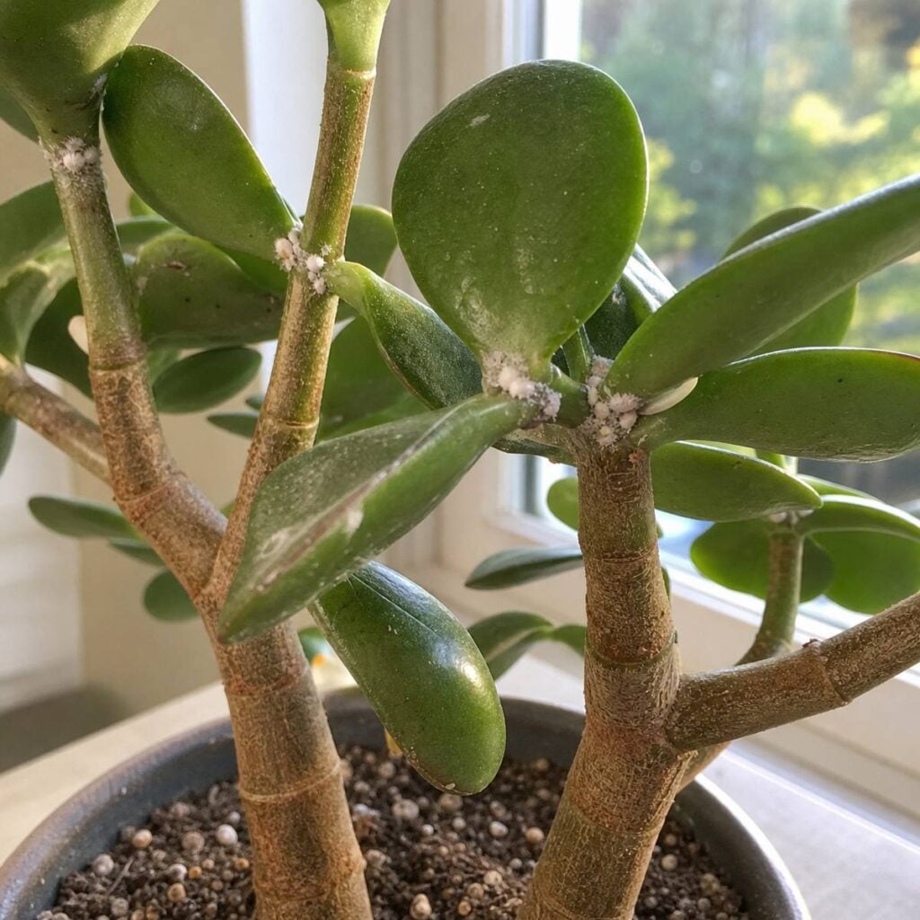 A potted jade plant with thick glossy leaves sits on a windowsill, small white cottony insect clusters visible at several leaf and stem joints.