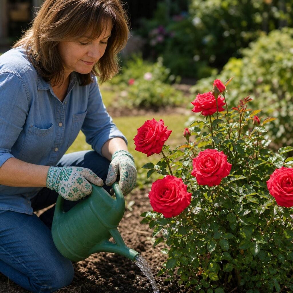 A woman kneeling in a garden wearing gloves waters blooming red rose bushes with a green watering can in sunlight.