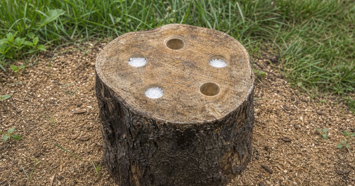 A cut tree stump sits on wood chips and sawdust, its flat top drilled with four holes, two filled with white Epsom salt crystals, surrounded by green grass.