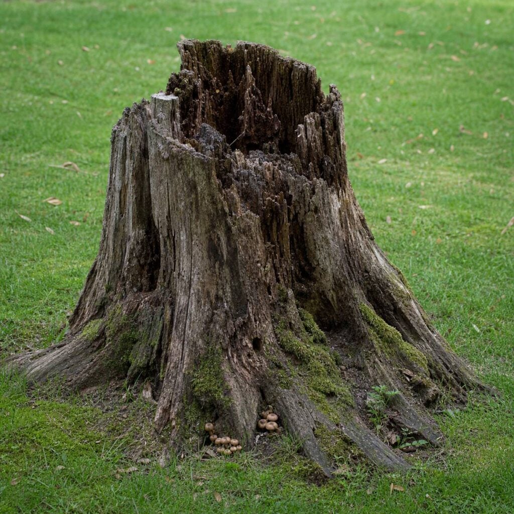 A large hollow tree stump with cracked, splintered wood and patches of moss stands alone on a green lawn, tiny mushrooms clustered at its base.