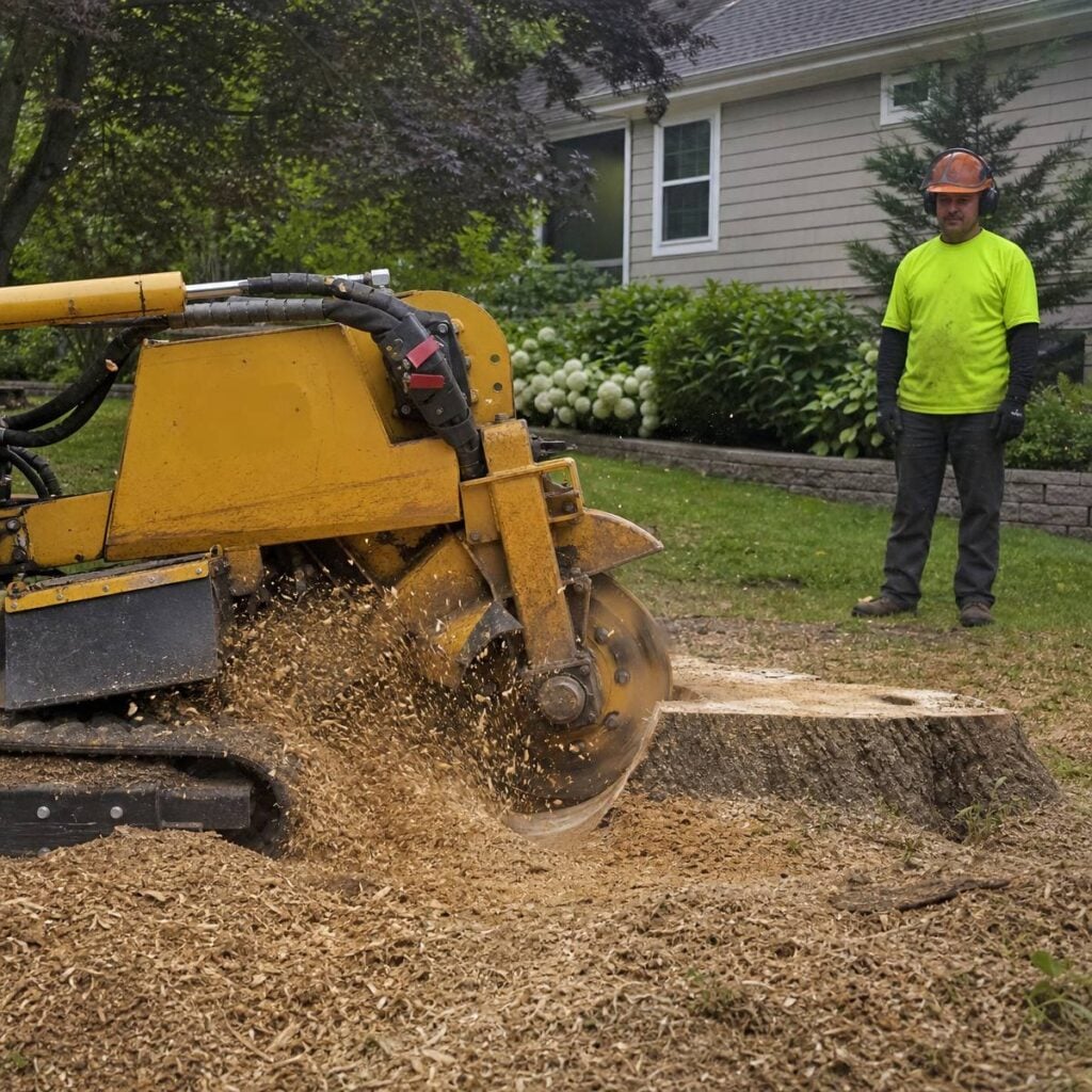 A yellow stump grinder chews through a large tree stump scattering wood chips, while a worker in a helmet and safety gear watches nearby on a landscaped residential lawn.