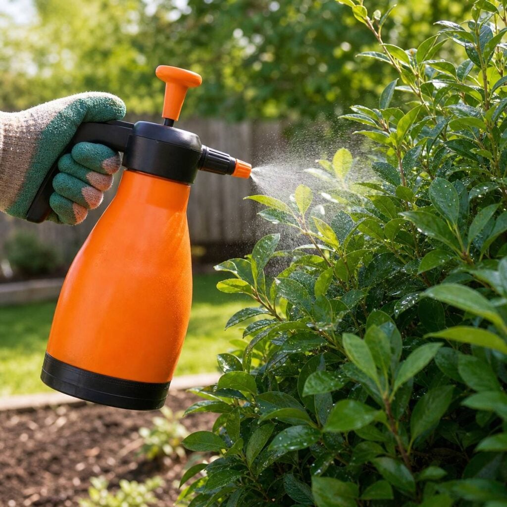 A gloved hand holds an orange pump sprayer, misting fine droplets onto glossy green shrub leaves in a sunny backyard garden.