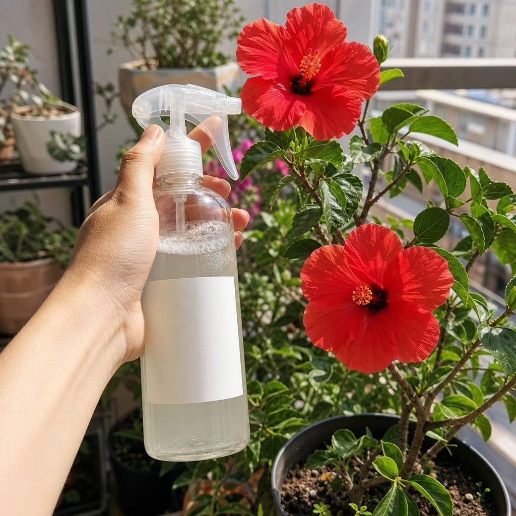 A hand holds a spray bottle of soapy water near a potted hibiscus plant with two blooming red flowers on a sunny balcony.