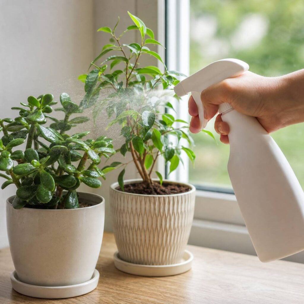 A hand holds a white spray bottle, misting water droplets onto a jade plant and small ficus in pots on a sunlit windowsill.