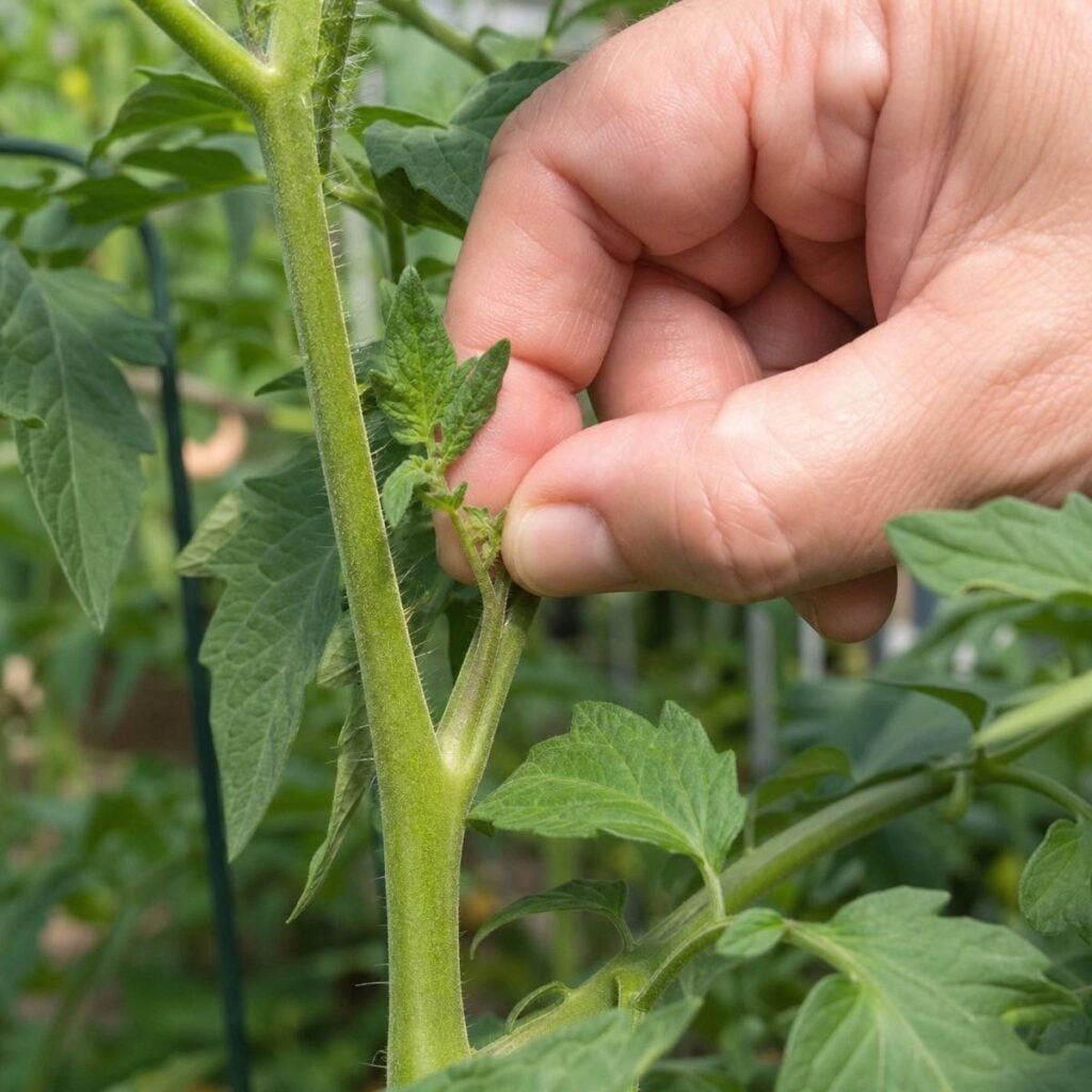 A close-up hand pinches a small sucker shoot growing between the main stem and a leaf branch of a leafy tomato plant outdoors.