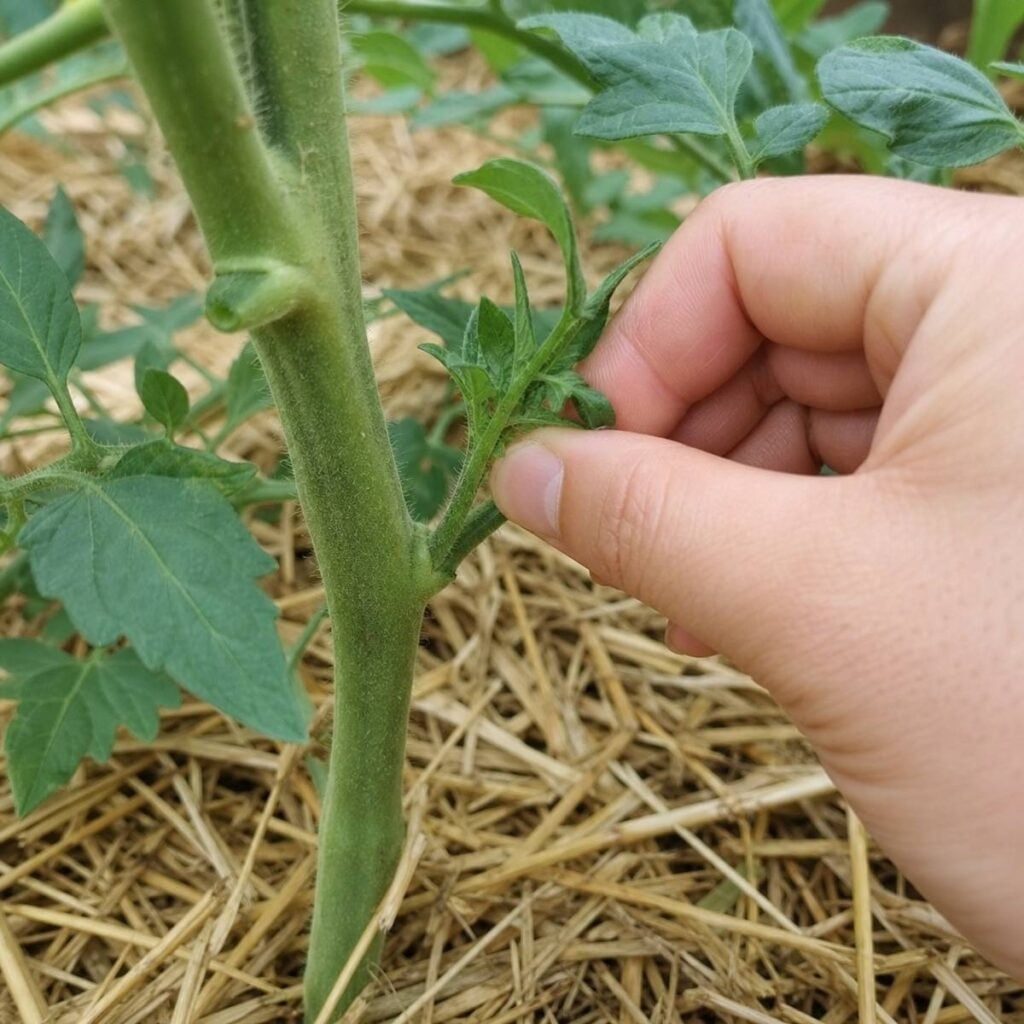 A hand pinches a small sucker growing from the joint of a fuzzy tomato stem, above straw mulch covering the garden bed.