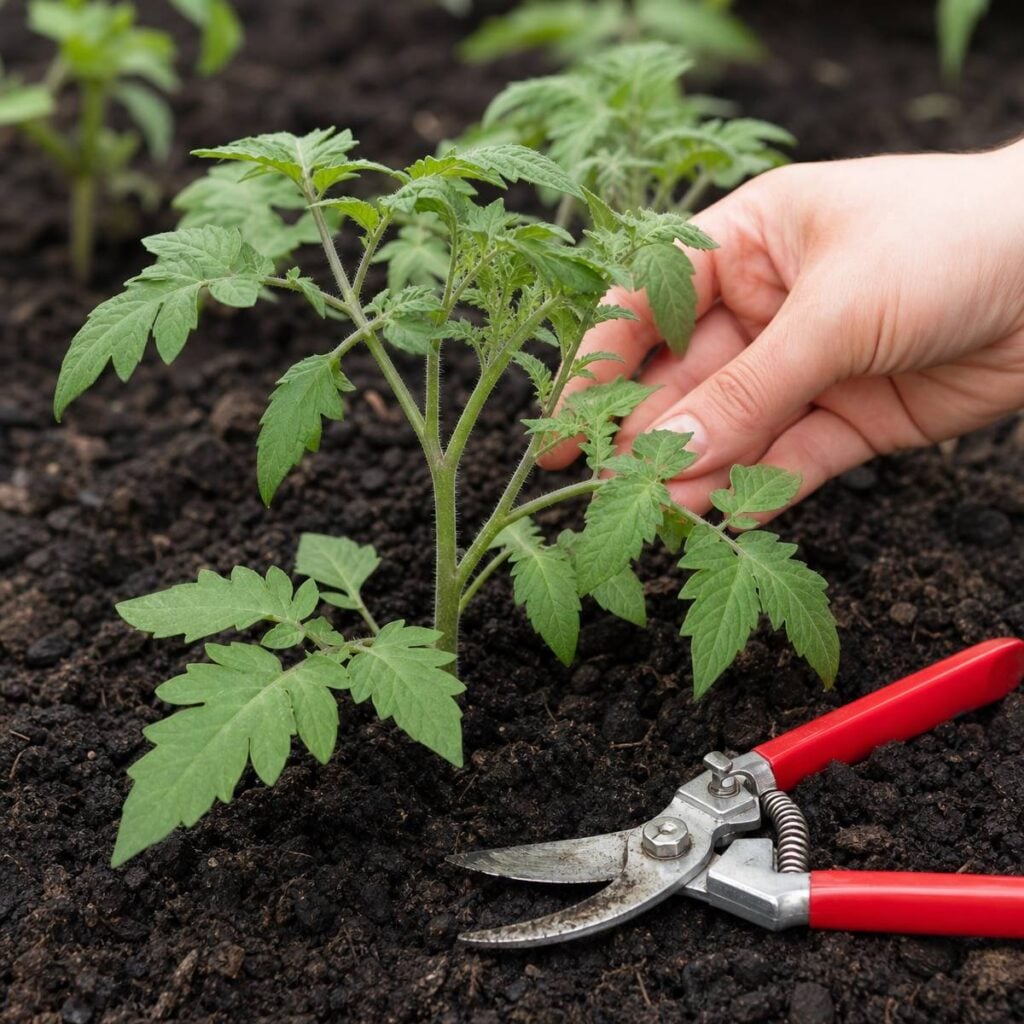 A hand gently touches a young tomato seedling's leaves in dark garden soil, with red-handled pruning shears resting nearby, unused before trimming.