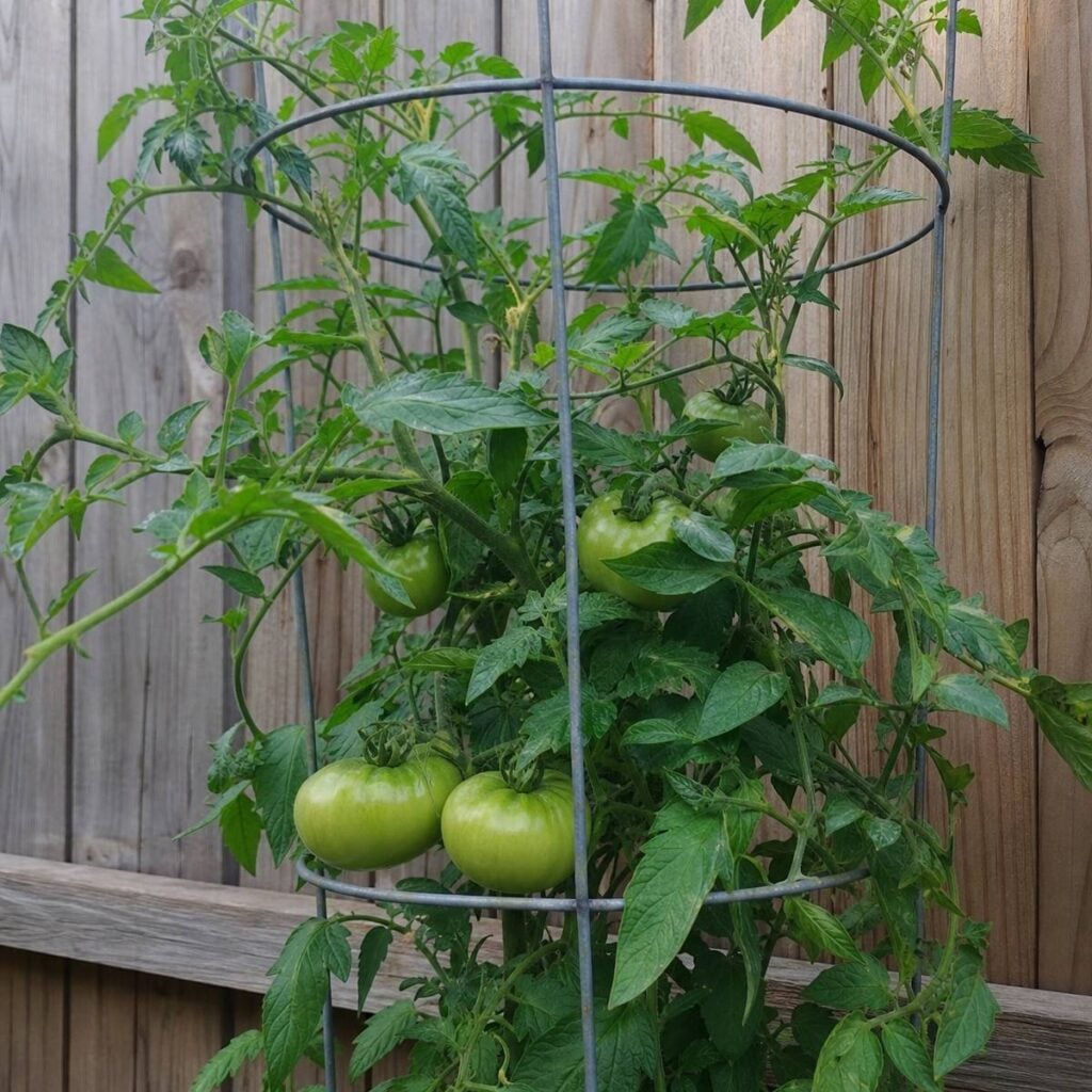 Several unripe green tomatoes hang from a leafy plant supported by a metal wire cage set against a wooden fence.