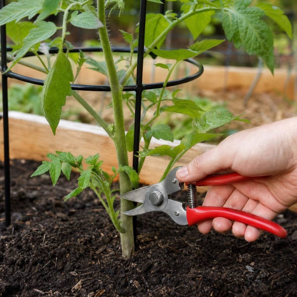 A hand holding red-handled pruning shears trims a low side shoot near the base of a young caged tomato plant in a raised soil bed.