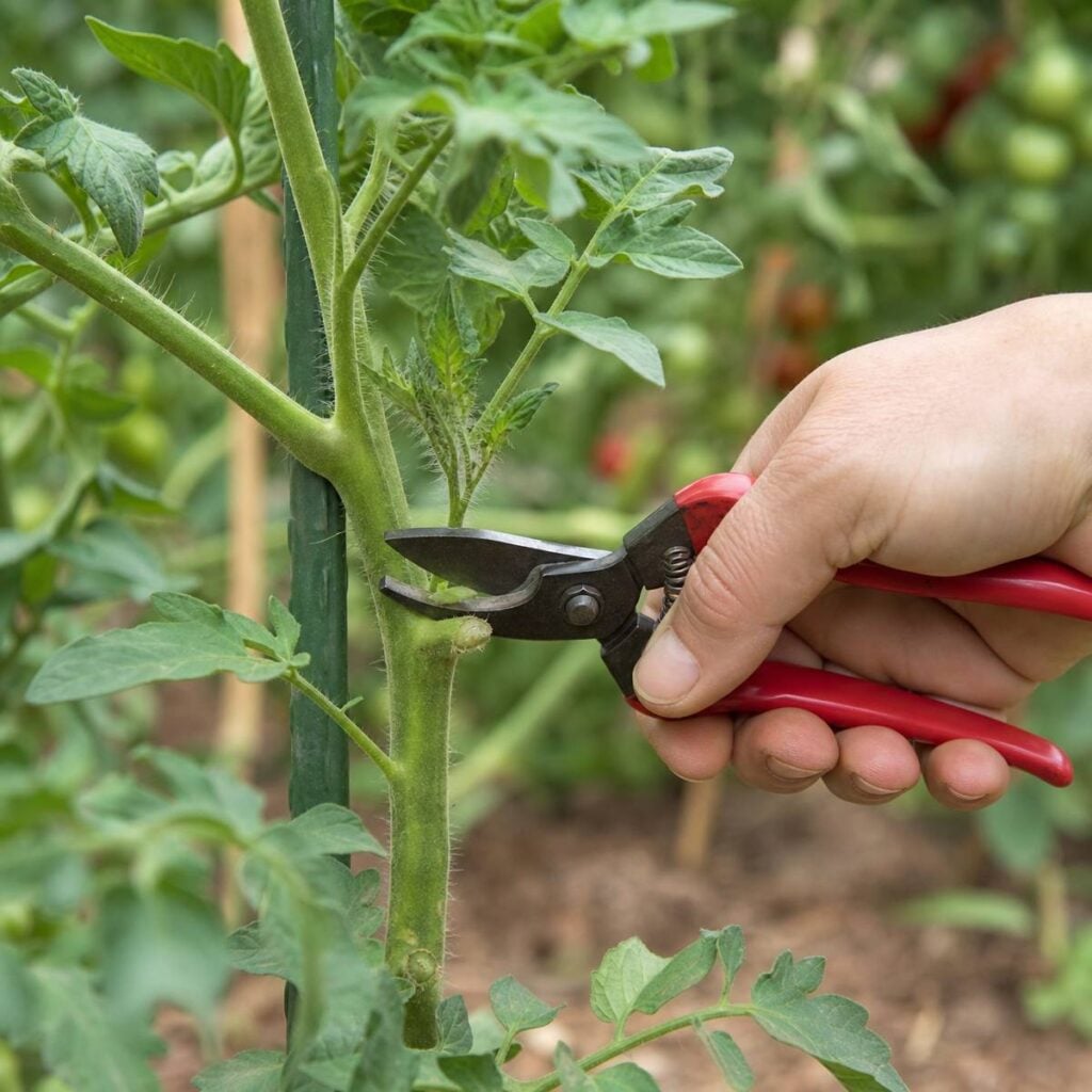 A hand uses red-handled pruners to snip a small sucker from a staked tomato stem, with leafy plants blurred in the background.