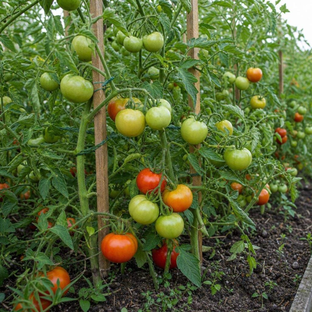Rows of leafy tomato vines tied to wooden stakes display clusters of green, yellow, and ripening red tomatoes growing in dark garden soil.