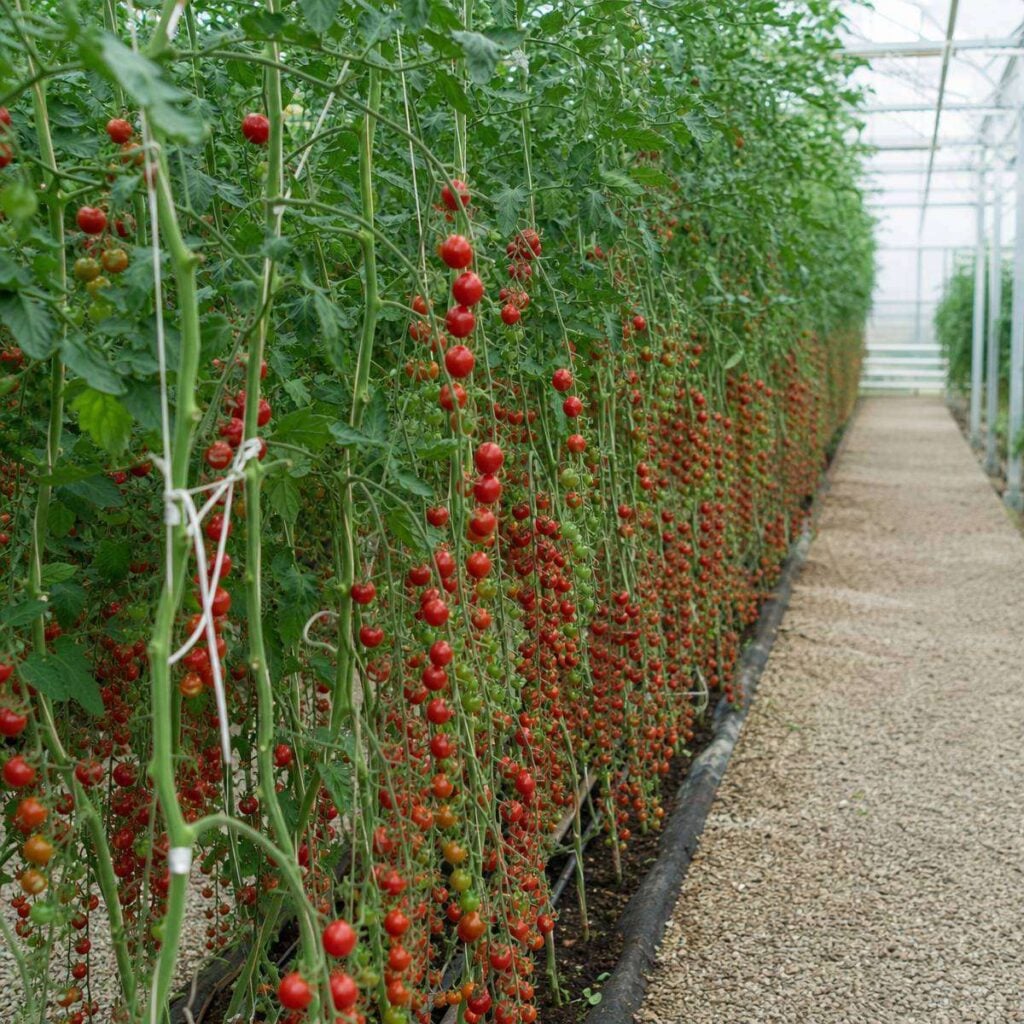 Densely packed rows of tall cherry tomato vines heavy with red clusters line a narrow gravel path inside a bright greenhouse, tied with white string.