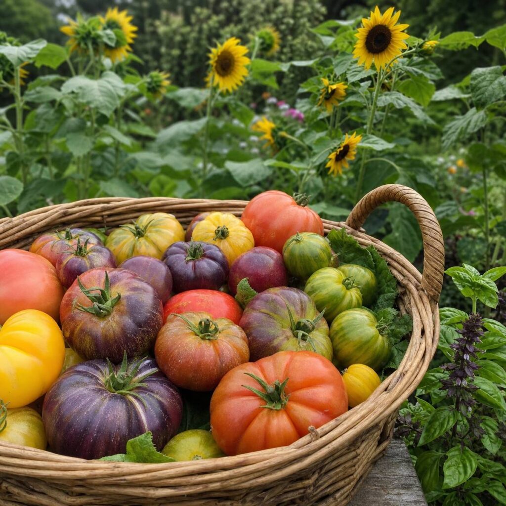 A woven basket overflowing with purple, red, yellow, and green heirloom tomatoes sits beside basil, with tall sunflowers blooming in the garden behind it.