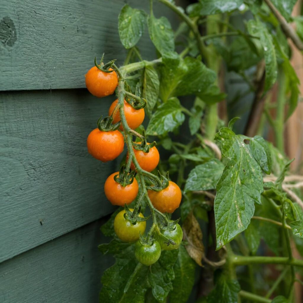 A cluster of orange and green cherry tomatoes hangs from a leafy vine growing against a weathered green wooden shed wall.