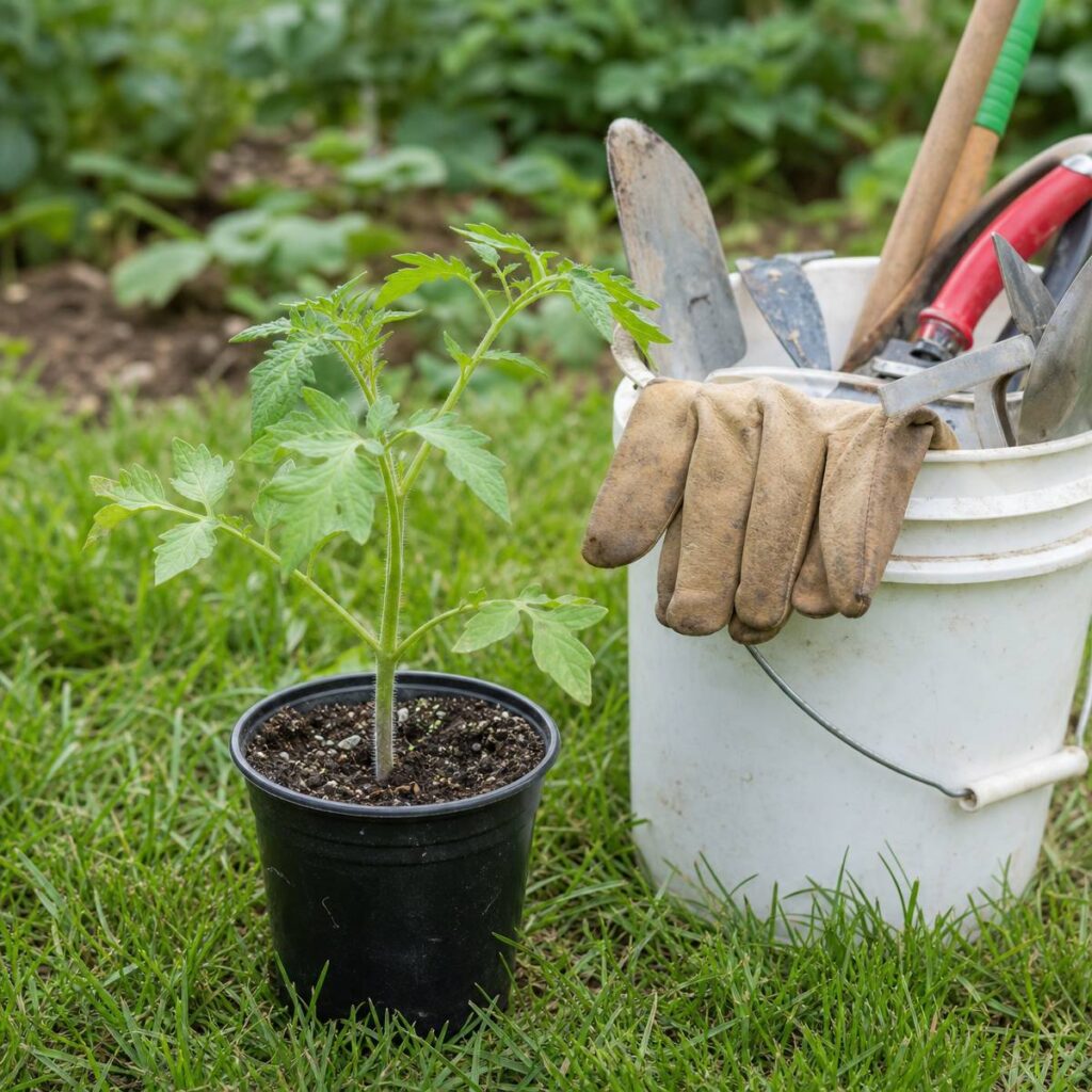 A young tomato seedling sits in a black plastic pot on grass beside a white bucket filled with hand tools and worn leather gloves.