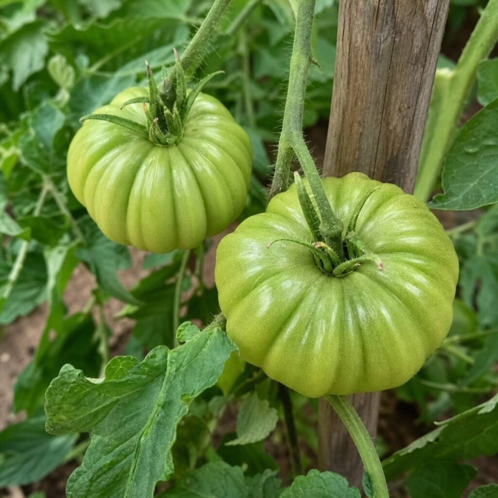 Two ribbed, unripe green heirloom tomatoes hang from a leafy vine trained beside a weathered wooden garden stake.