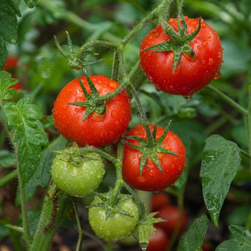 Water droplets cling to a cluster of ripe red and unripe green tomatoes hanging on a leafy vine in an outdoor garden.