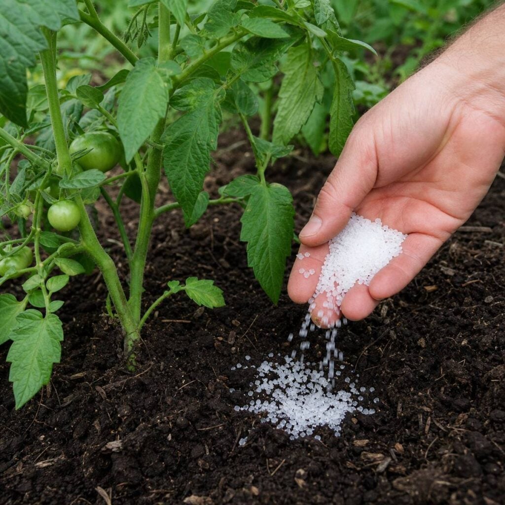 A hand pours white granular crystals from cupped fingers onto dark garden soil beside a leafy tomato plant bearing small green fruit.