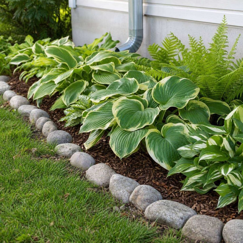 Rounded gray river stones edge a mulched foundation bed of variegated hostas and ferns beside a metal downspout and green lawn.