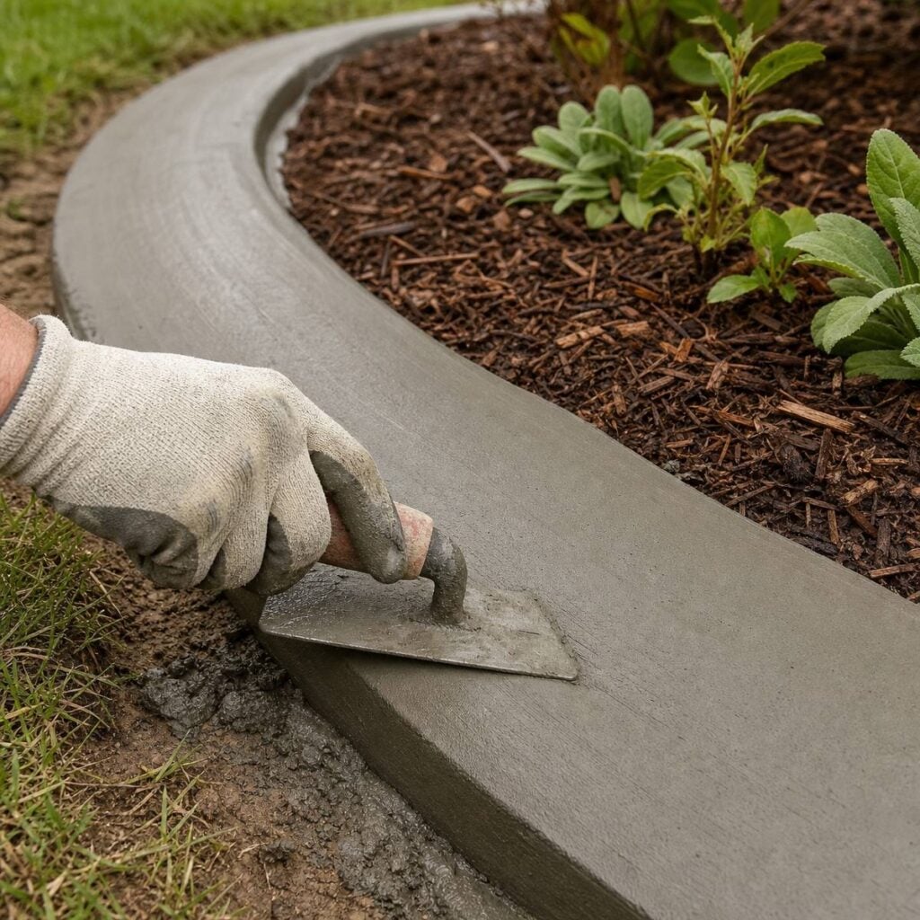 A gloved hand uses a small trowel to smooth a curved gray concrete edge bordering a mulched flower bed with lambs ear plants.
