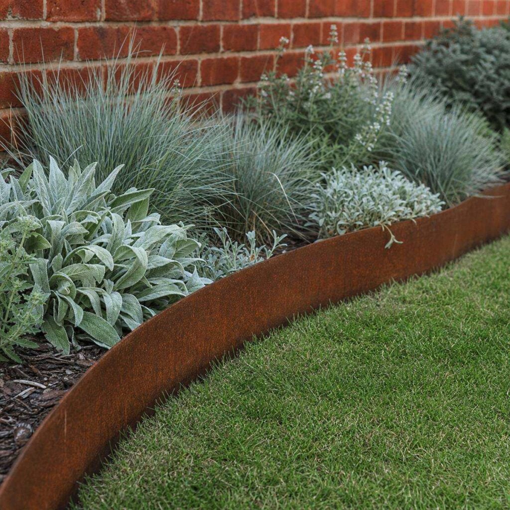 A curved rusted-brown steel edging separates a mulched flower bed of silvery lambs' ear and blue fescue grasses from a green lawn near a brick wall.