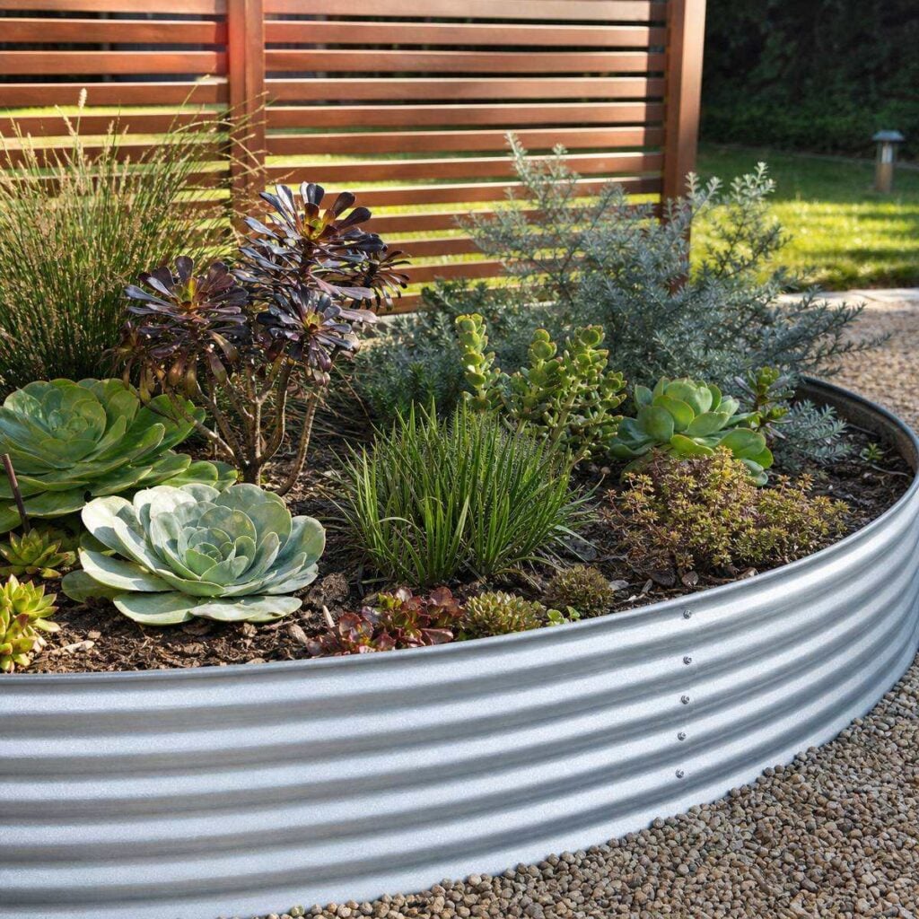 A curved raised bed edged with corrugated galvanized steel holds echeveria, aeonium, jade plants and ornamental grasses, backed by a slatted wooden fence and lawn.