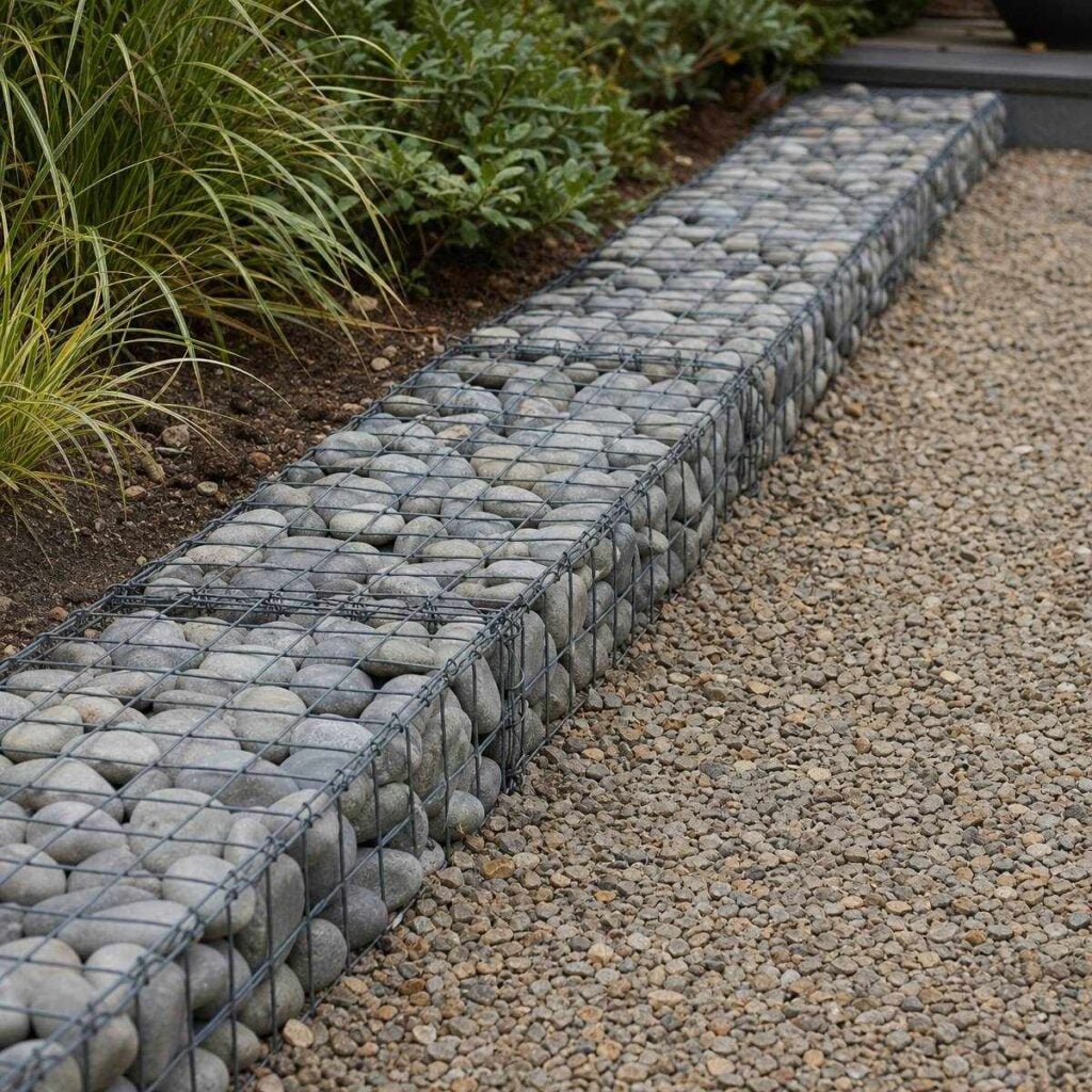A wire-mesh gabion basket packed with smooth gray river stones forms a low edging wall beside a gravel path, backed by leafy ornamental grasses.