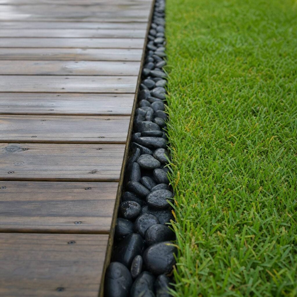 A narrow strip of smooth black river stones runs in a straight line separating a wooden deck from a trimmed green lawn.