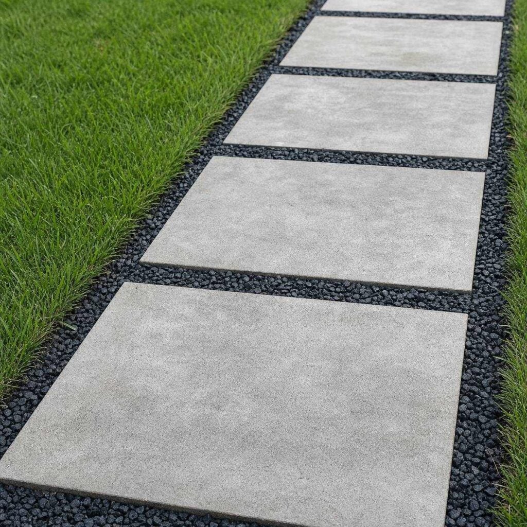 A row of large light gray square pavers forms a garden path edged with dark crushed gravel, bordered by neatly trimmed green lawn grass.