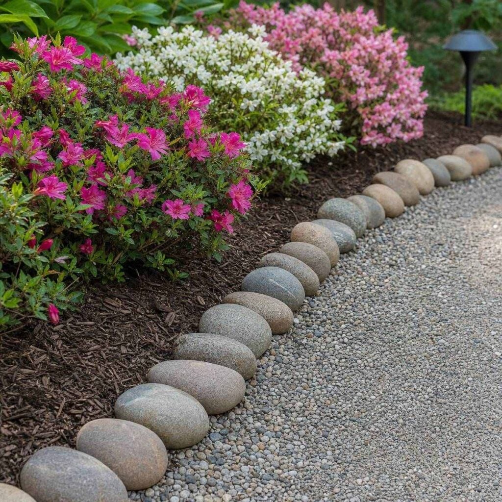 A curved line of smooth river rocks edges a mulched bed of pink, white, and magenta azalea shrubs beside a gravel garden path.