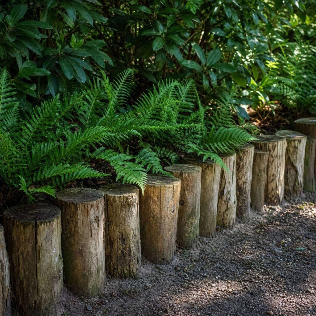 Upright weathered log rounds form a curved border edging a gravel path, with lush ferns and dark-leaved shrubs growing behind them in a shaded garden.