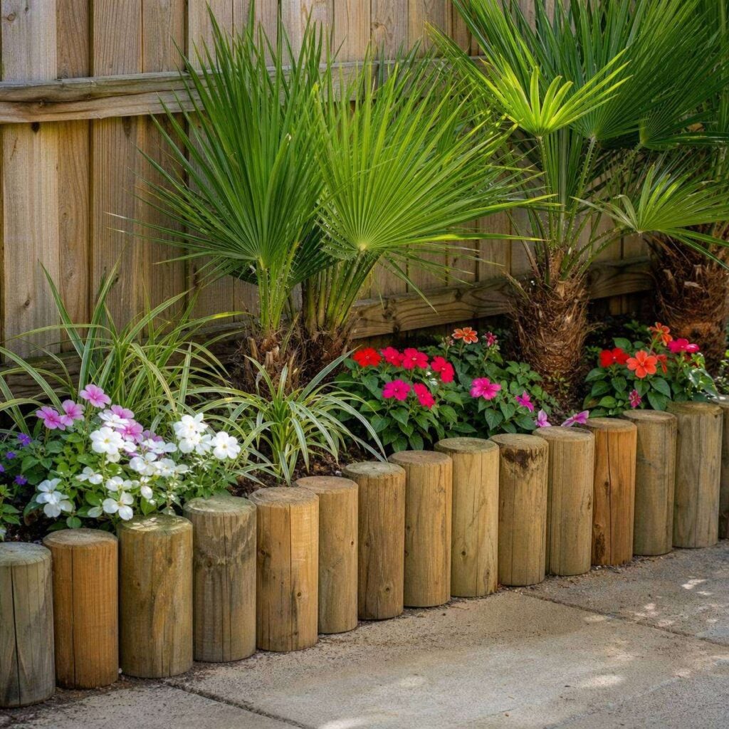 Rounded wooden log edging borders a raised bed of small palms and pink, white, and red flowering plants against a wooden fence.