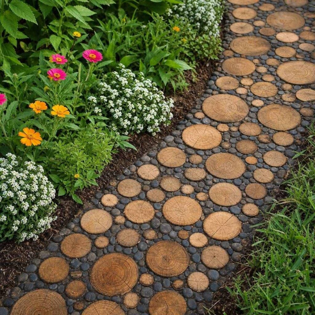 A curving garden path made of round wood log-end discs set among dark pebbles, bordered by blooming pink, orange, and white flowers.