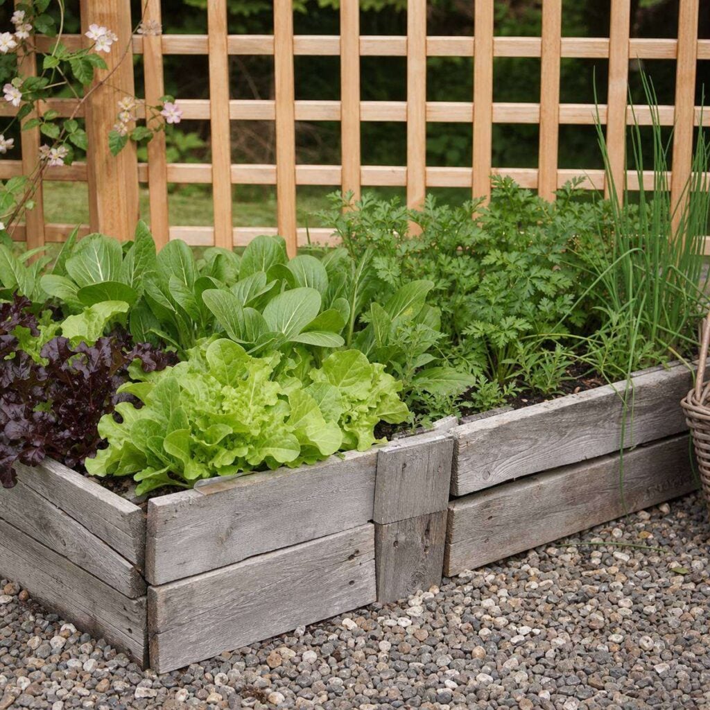 A raised garden bed edged with weathered gray wooden slats holds lettuce, chives, and herbs, standing on gravel before a wooden lattice trellis.