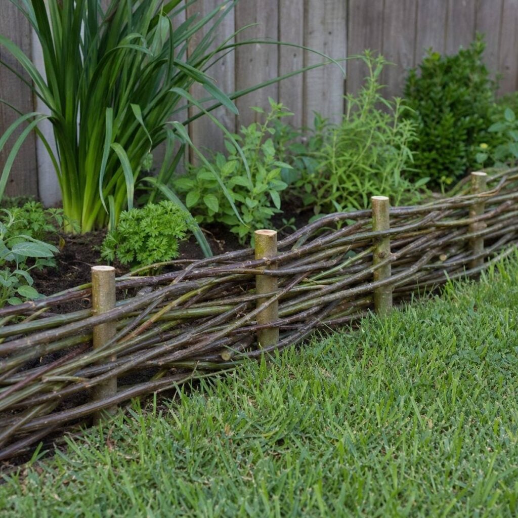 A low woven willow branch edging between short wooden stakes borders a garden bed of herbs and grasses, with mown lawn and a wooden fence behind.