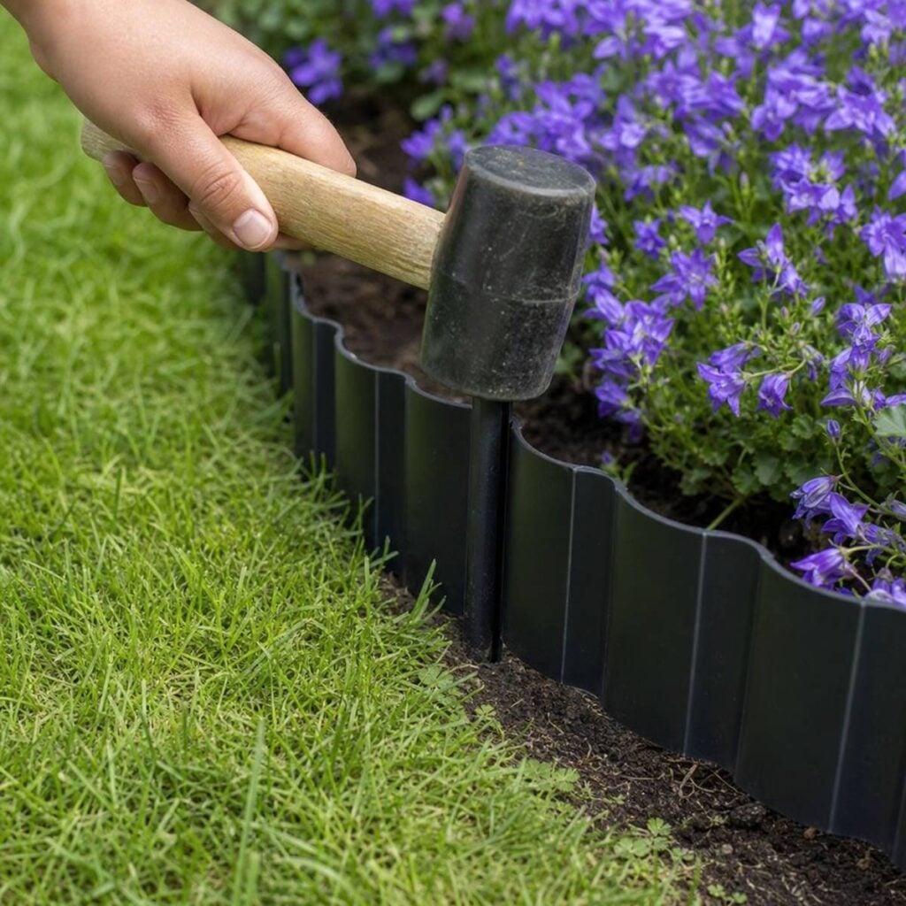 A hand grips a rubber mallet, hammering a black scalloped plastic edging stake into soil between green lawn and purple flowering plants.