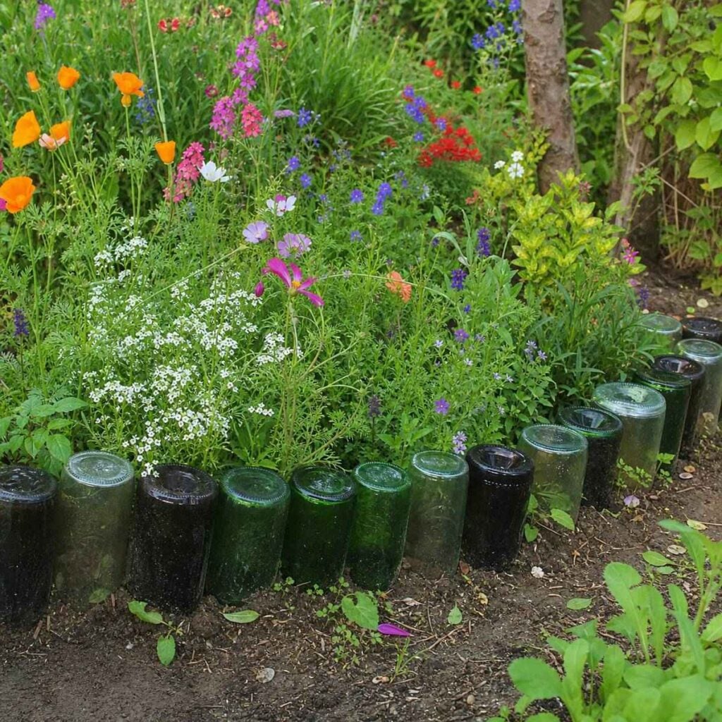 Green glass bottles buried neck-down in soil form a curved edging around a dense bed of orange, pink, purple, and white wildflowers.