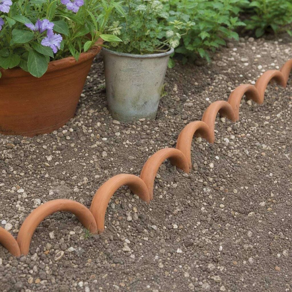 Scalloped terracotta rope-tile edging curves through gravelly soil beside a clay pot of purple flowers and a metal pot of green foliage.