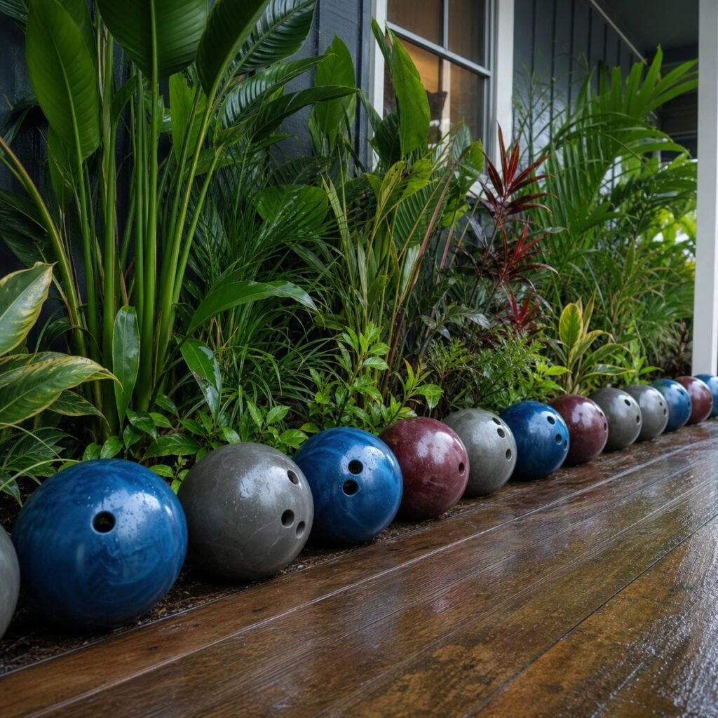 Blue, gray, and burgundy bowling balls line a wet wooden deck edge beside lush tropical foliage bordering a shaded porch.