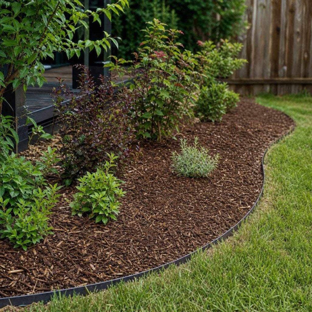 A curved dark steel edging strip separates a mulched garden bed with young shrubs and lavender from a neatly mowed lawn near a wooden fence.