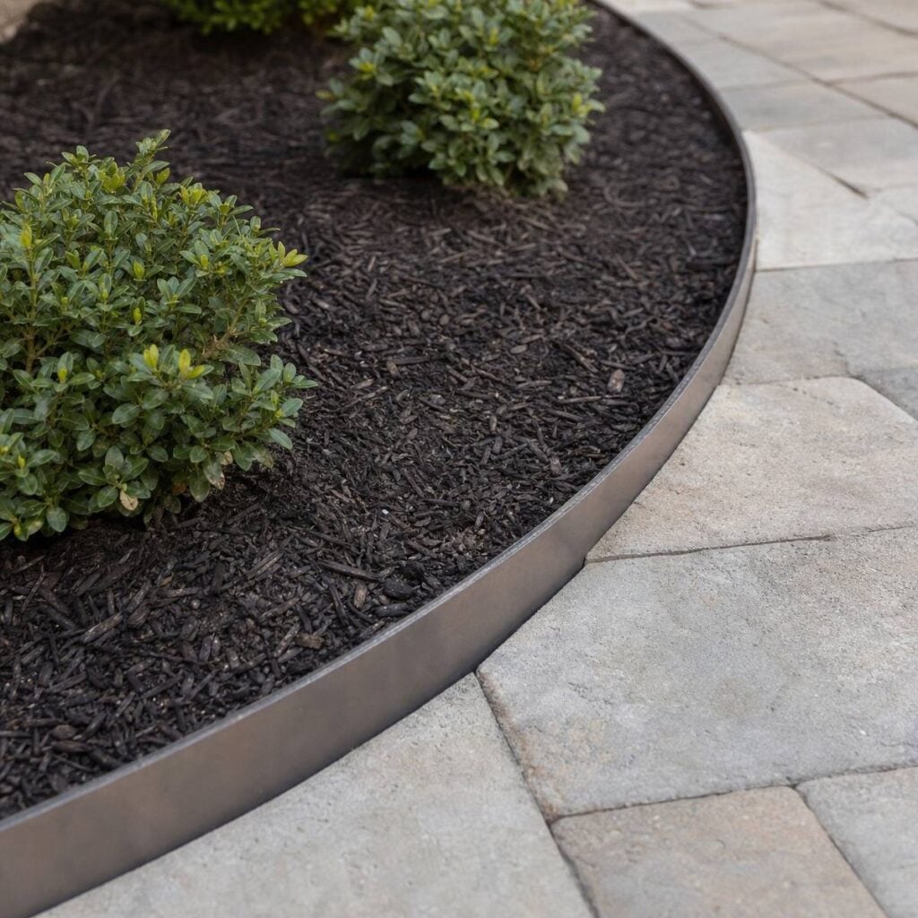 A curved metal edging strip separates a mulch-filled garden bed with small boxwood shrubs from adjacent gray stone patio pavers.