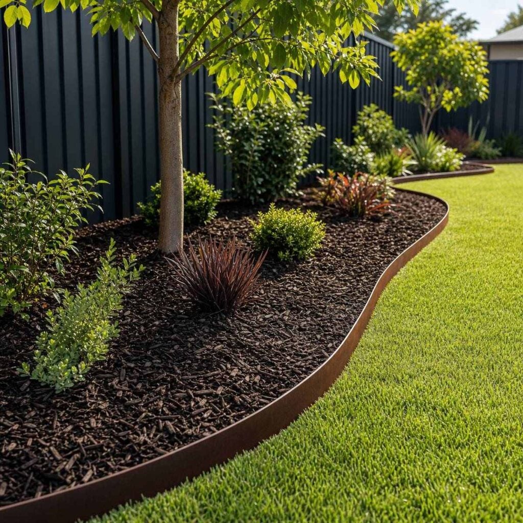 A curved metal edging separates a mulched garden bed with young trees and shrubs from a neatly trimmed green lawn along a dark fence.