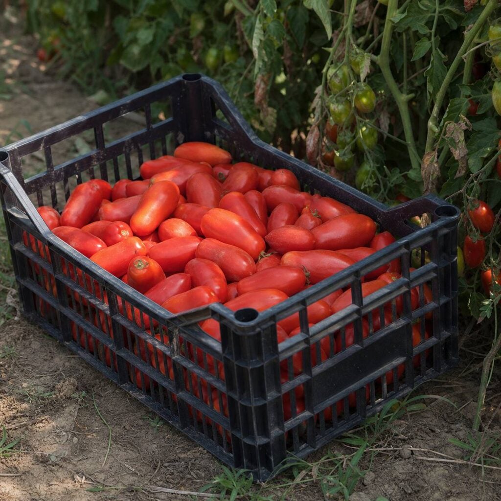 A black plastic crate filled with elongated red San Marzano tomatoes rests on soil beside leafy green tomato vines still bearing ripening fruit.