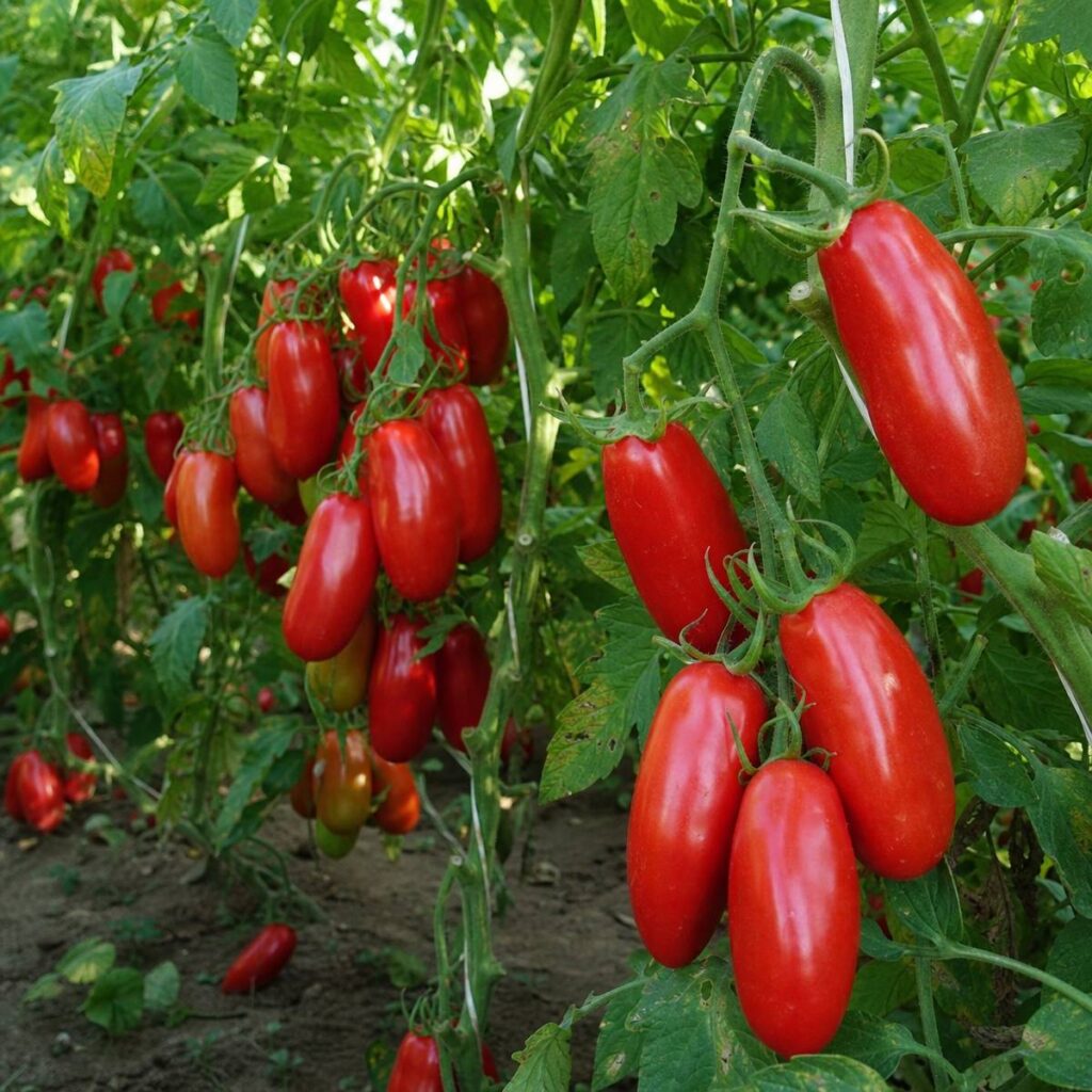 Clusters of ripe, elongated red San Marzano tomatoes hang heavily from staked green vines surrounded by dense leafy foliage in a garden row.