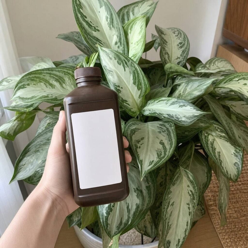 A hand holds a brown bottle with a blank white label in front of a lush silver-green variegated Chinese evergreen plant indoors.
